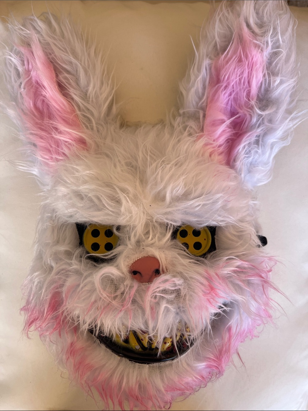 White and Pink Furry Bunny Halloween Mask with Yellow Eyes